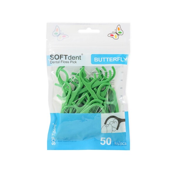Softdent Butterfly Floss Pick zubní nit v mečíku 50 ks