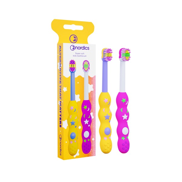 Levně Nordics Premium Baby Soft 4080 Yellow&Pink dětský zubní kartáček 2 ks