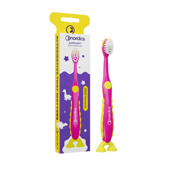 Levně Nordics Premium Kids Dino Soft 6900 Purple/Yellow dětský zubní kartáček