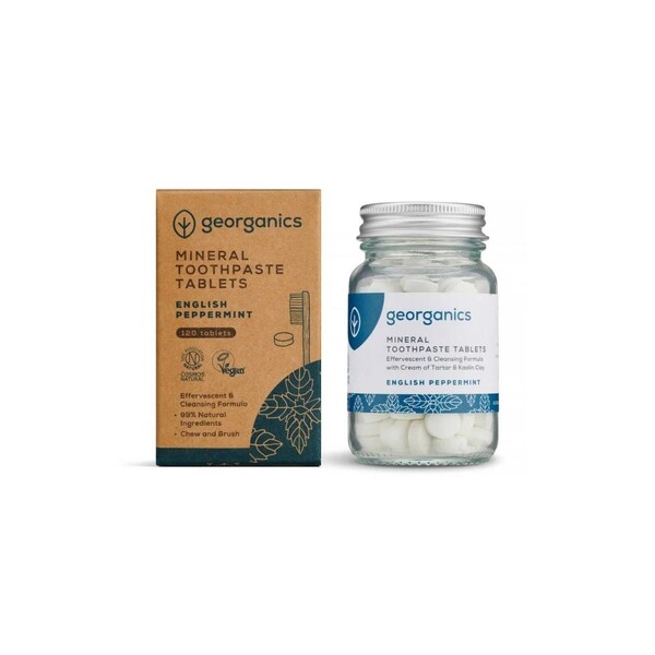 Levně Georganics English Peppermint zubní pasta v tabletách 120 ks