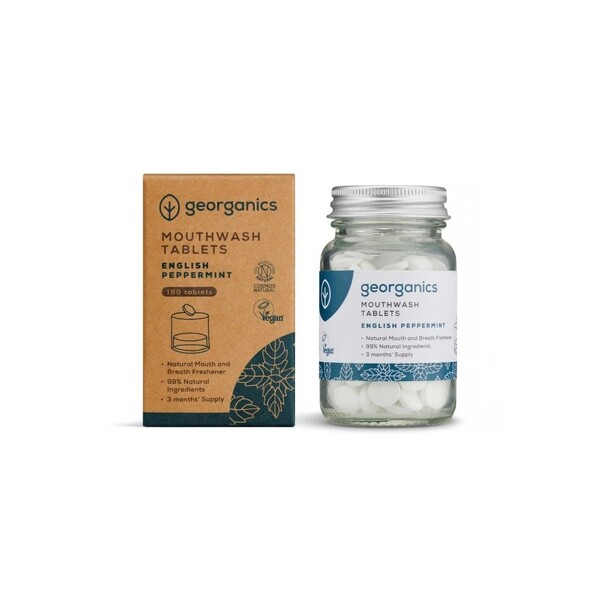 Levně Georganics English Peppermint ústní voda v tabletách 180 ks
