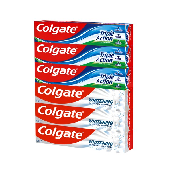 Levně Colgate White Teeth+Triple Action zubní pasta 6x75 ml