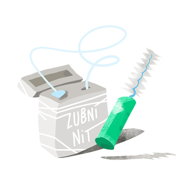 Ilustrace zubní nit a mezizubní kartáček bílé pozadí