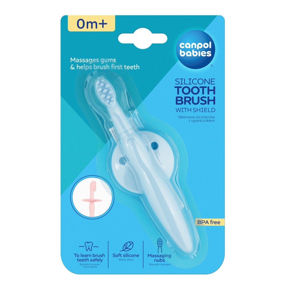 Canpol babies silikonový zubní kartáček se štítkem - modrý