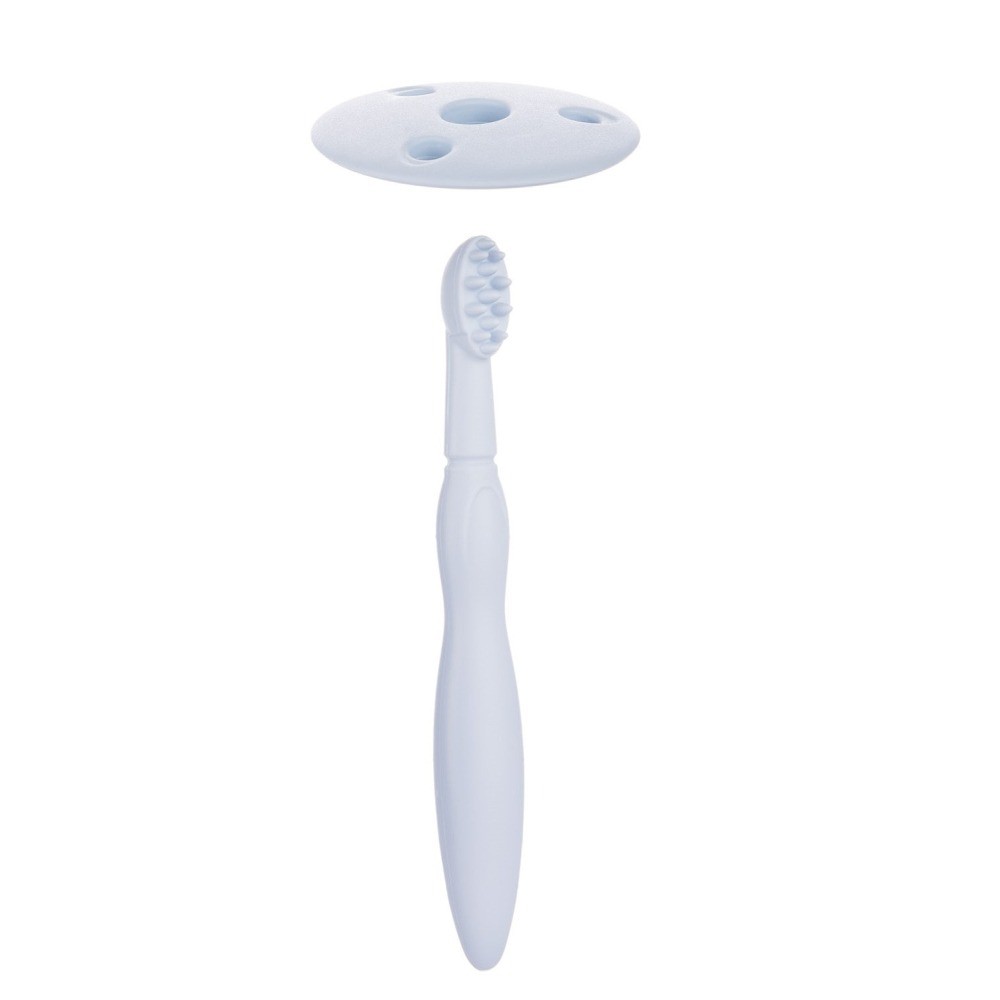 Canpol babies silikonový zubní kartáček se štítkem - modrý