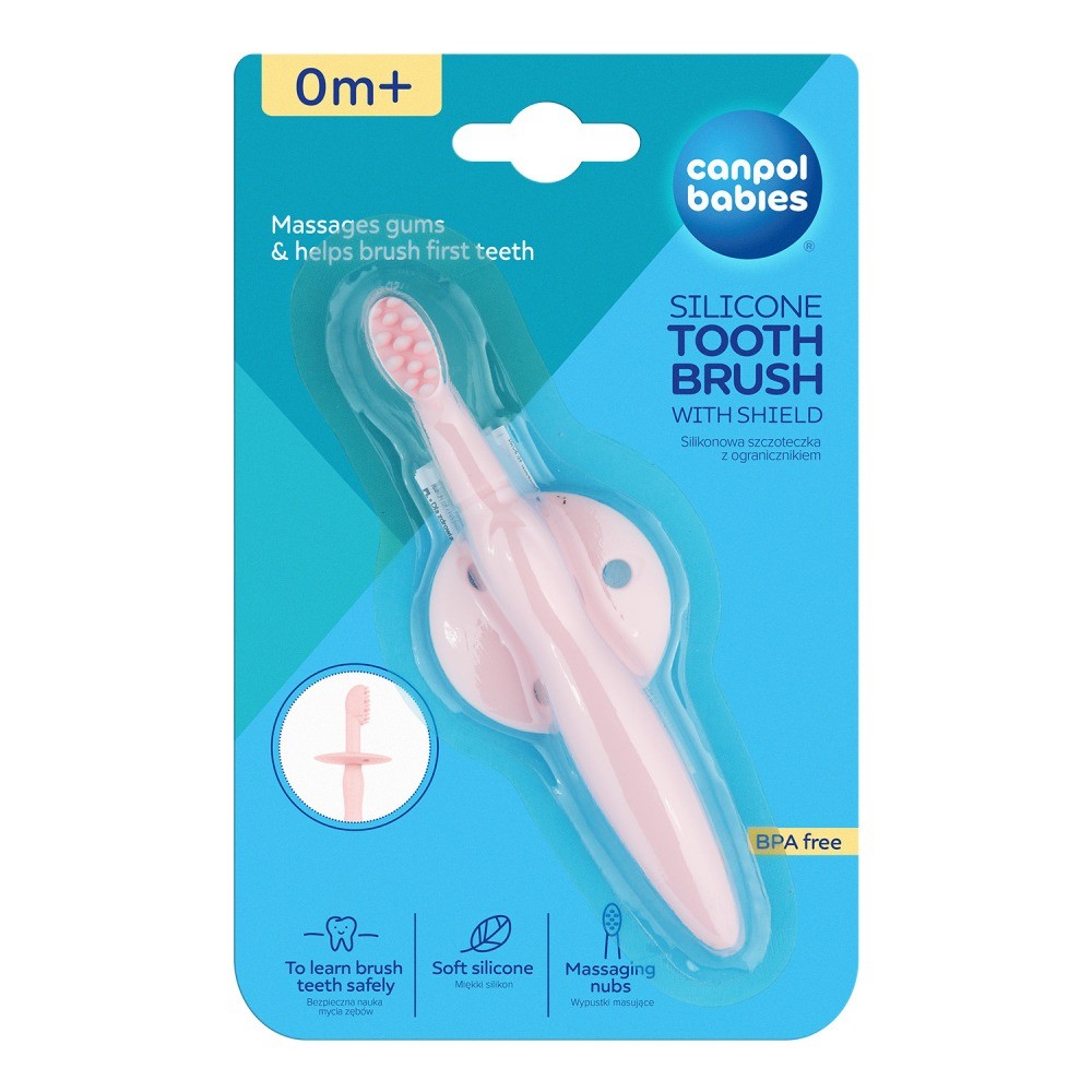 Canpol babies silikonový zubní kartáček se štítkem - růžový