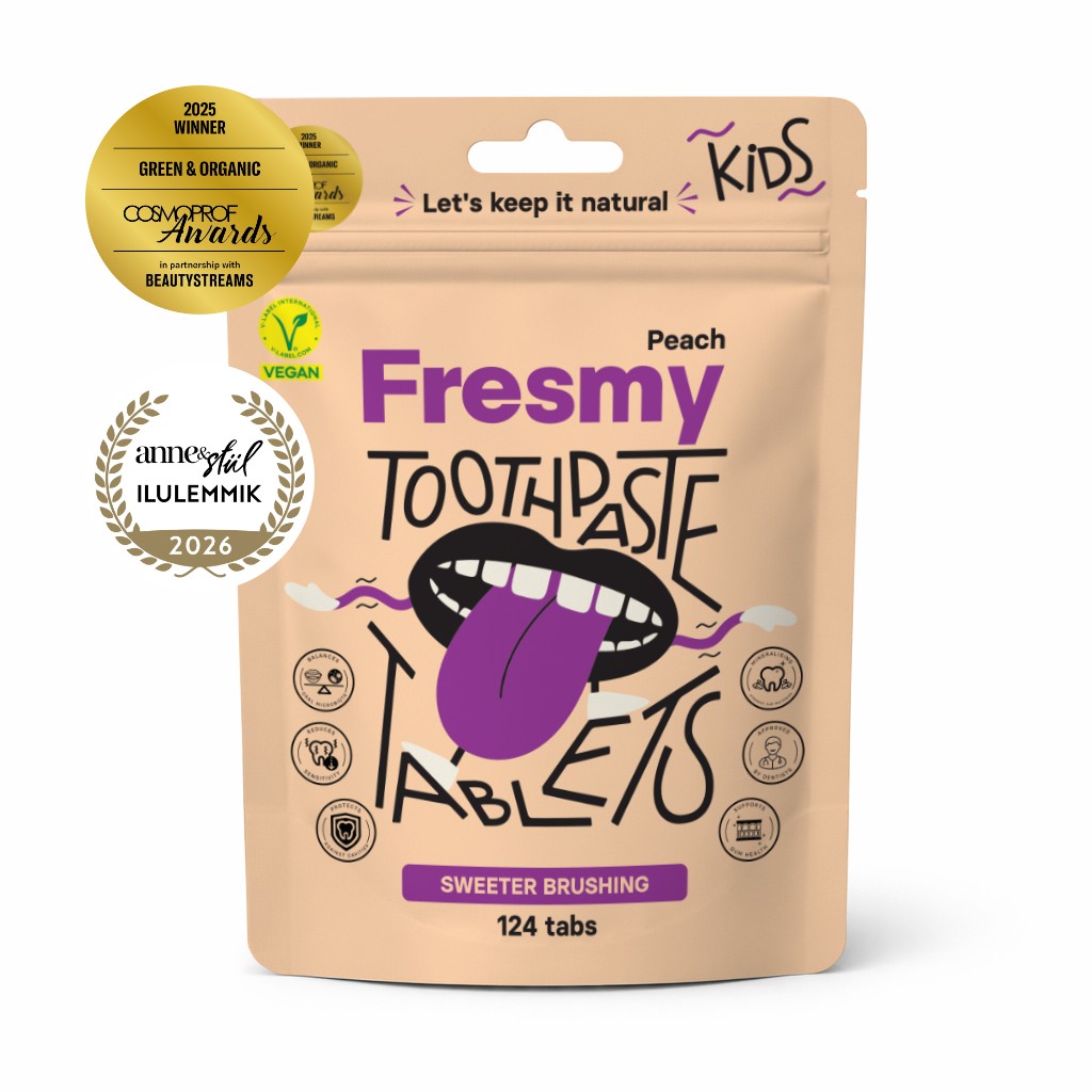Fresmy Kids Peach dětská zubní pasta v tabletách 124 ks