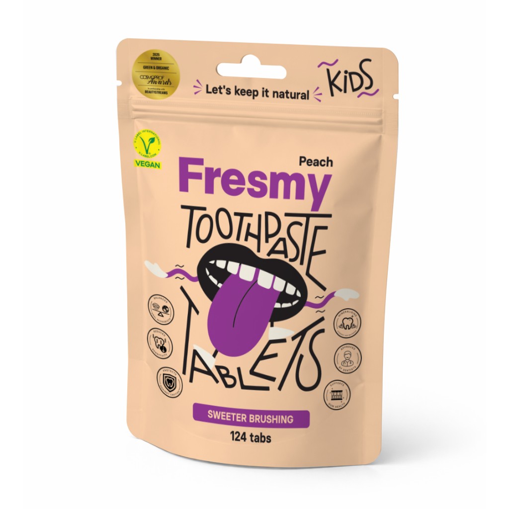 Fresmy Kids Peach dětská zubní pasta v tabletách 124 ks