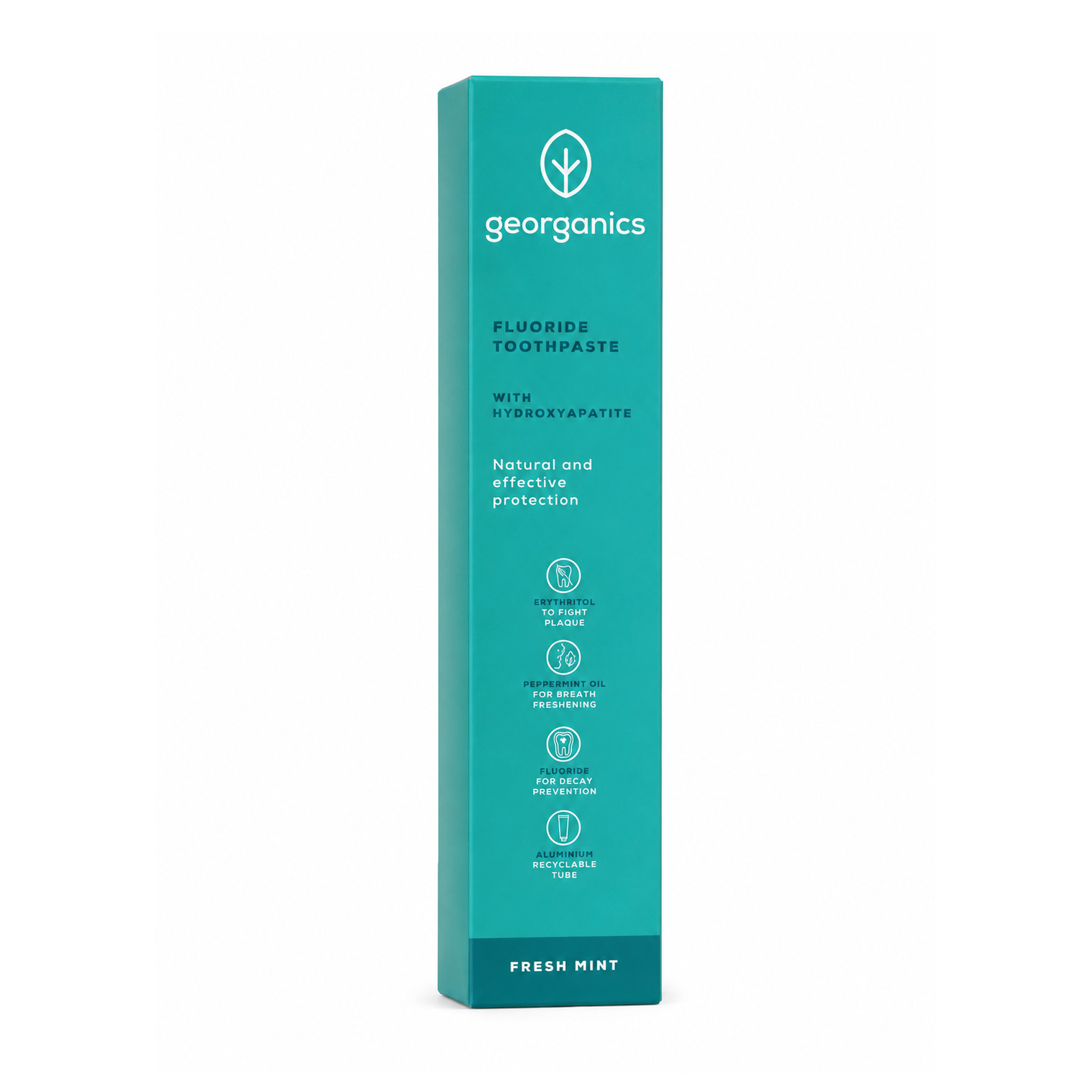 Georganics Mentol zubní pasta 75 ml - georganics Fluoride Toothpaste Fresh Mint zelená krabička boční pohled bílé pozadí