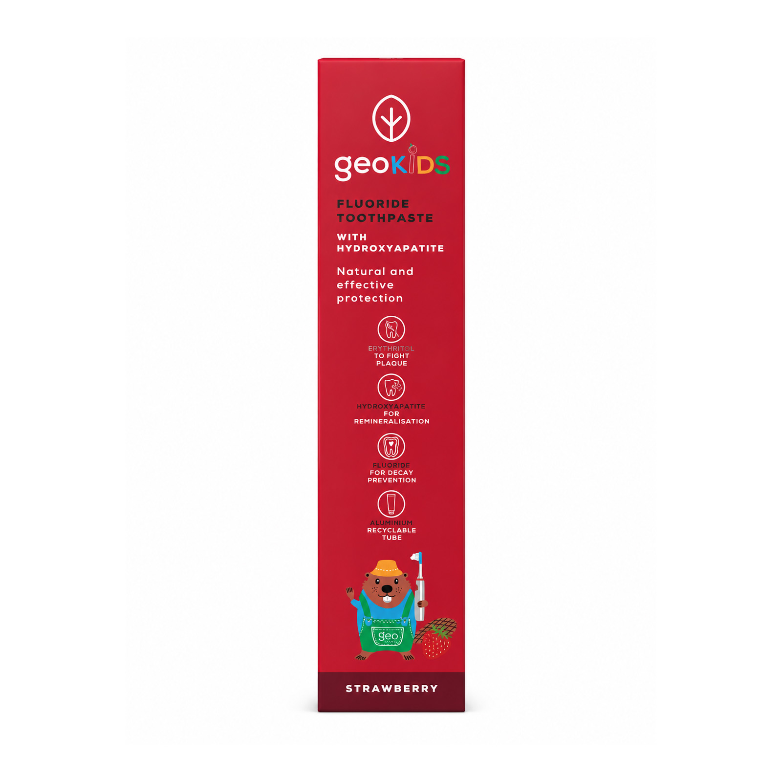 Georganics Jahoda dětská zubní pasta 75 ml - geoKids Fluoride Toothpaste Strawberry červená krabička boční pohled bílé pozadí