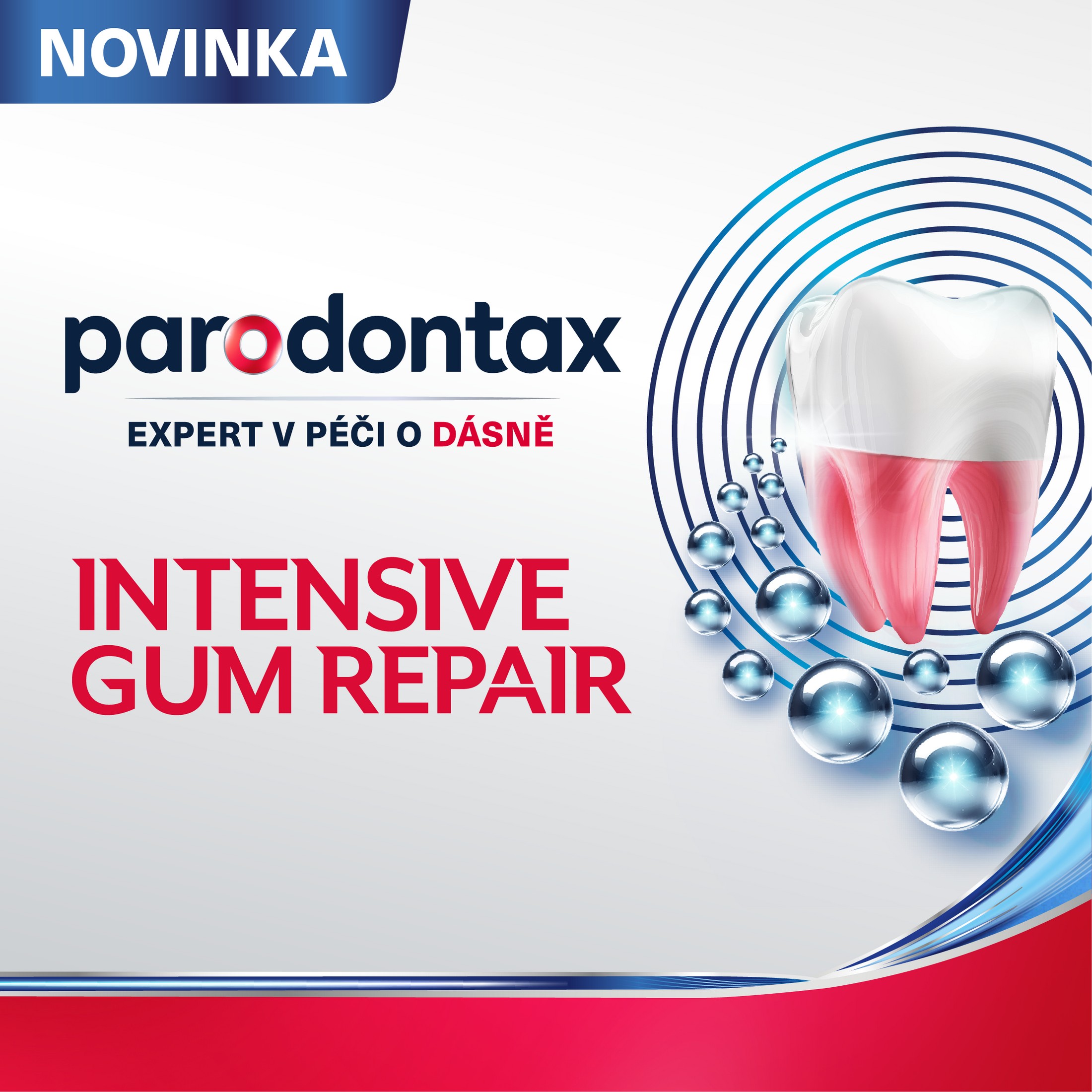 Parodontax Intensive Gum Repair White&Polish zubní pasta 75 ml - Parodontax Intensive Gum Repair novinka banner logo a ilustrace zubu