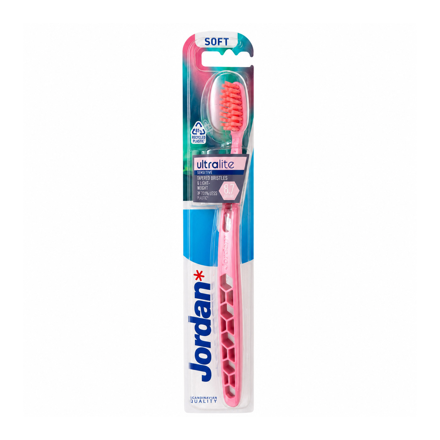 Jordan Ultralite Sensitive Soft zubní kartáček 1 ks - Jordan Ultralite Sensitive Soft růžový zubní kartáček v blistru