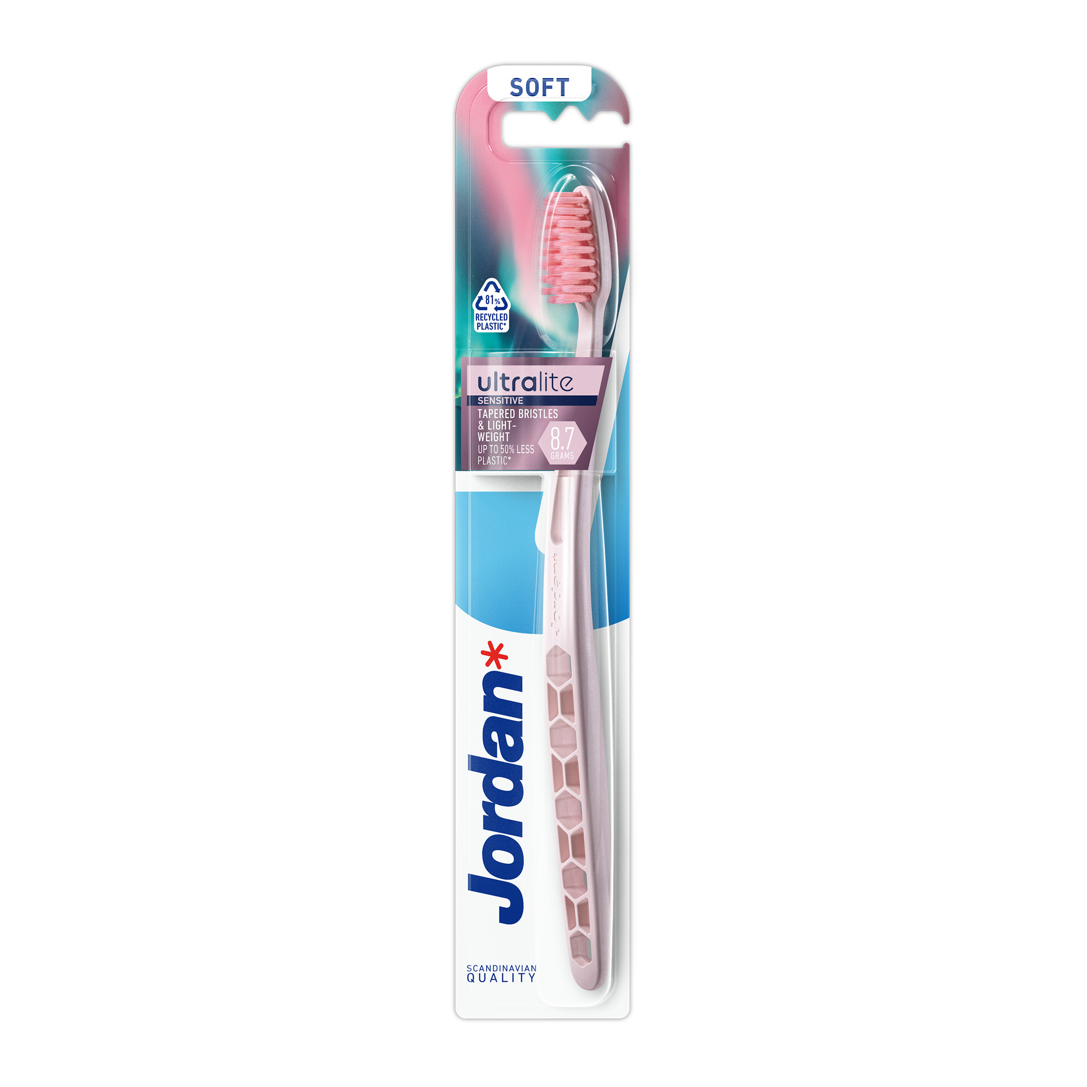 Jordan Ultralite Sensitive Soft zubní kartáček 1 ks - Jordan Ultralite Sensitive Soft světle růžový zubní kartáček v blistru