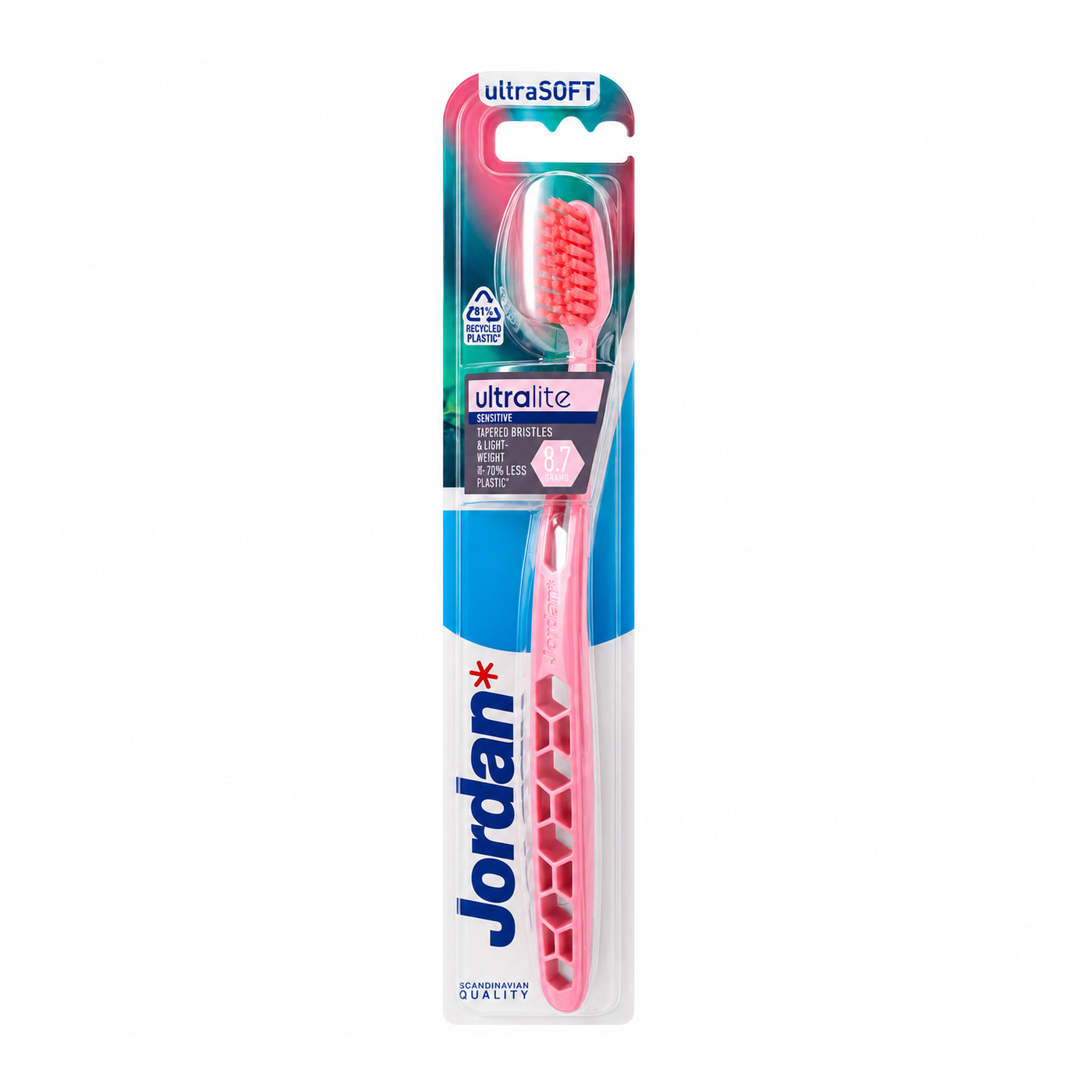 Jordan Ultralite Sensitive Ultrasoft zubní kartáček 1 ks - Jordan Ultralite Sensitive růžový zubní kartáček v blistru