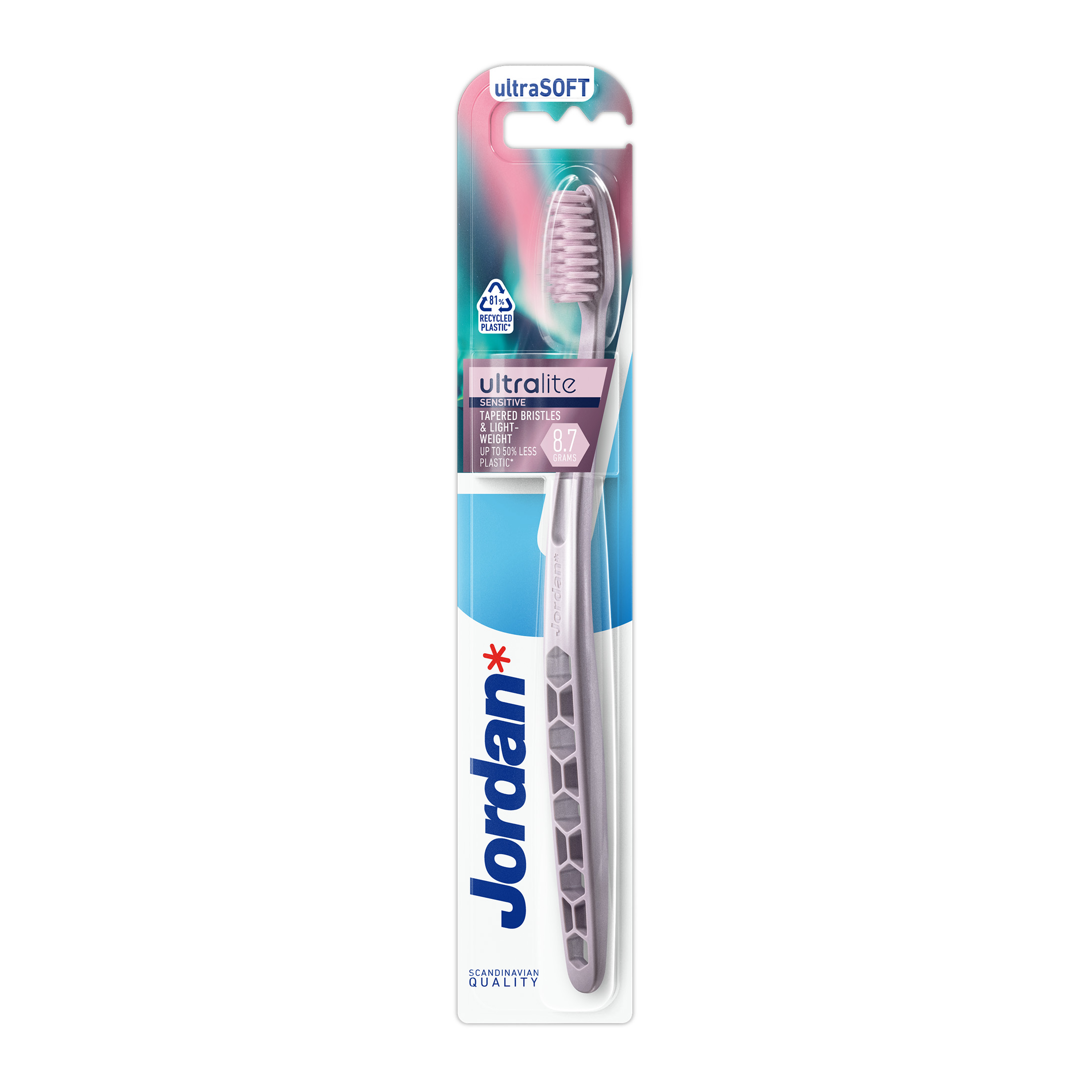 Jordan Ultralite Sensitive Ultrasoft zubní kartáček 1 ks - Jordan Ultralite Sensitive fialový zubní kartáček v blistru