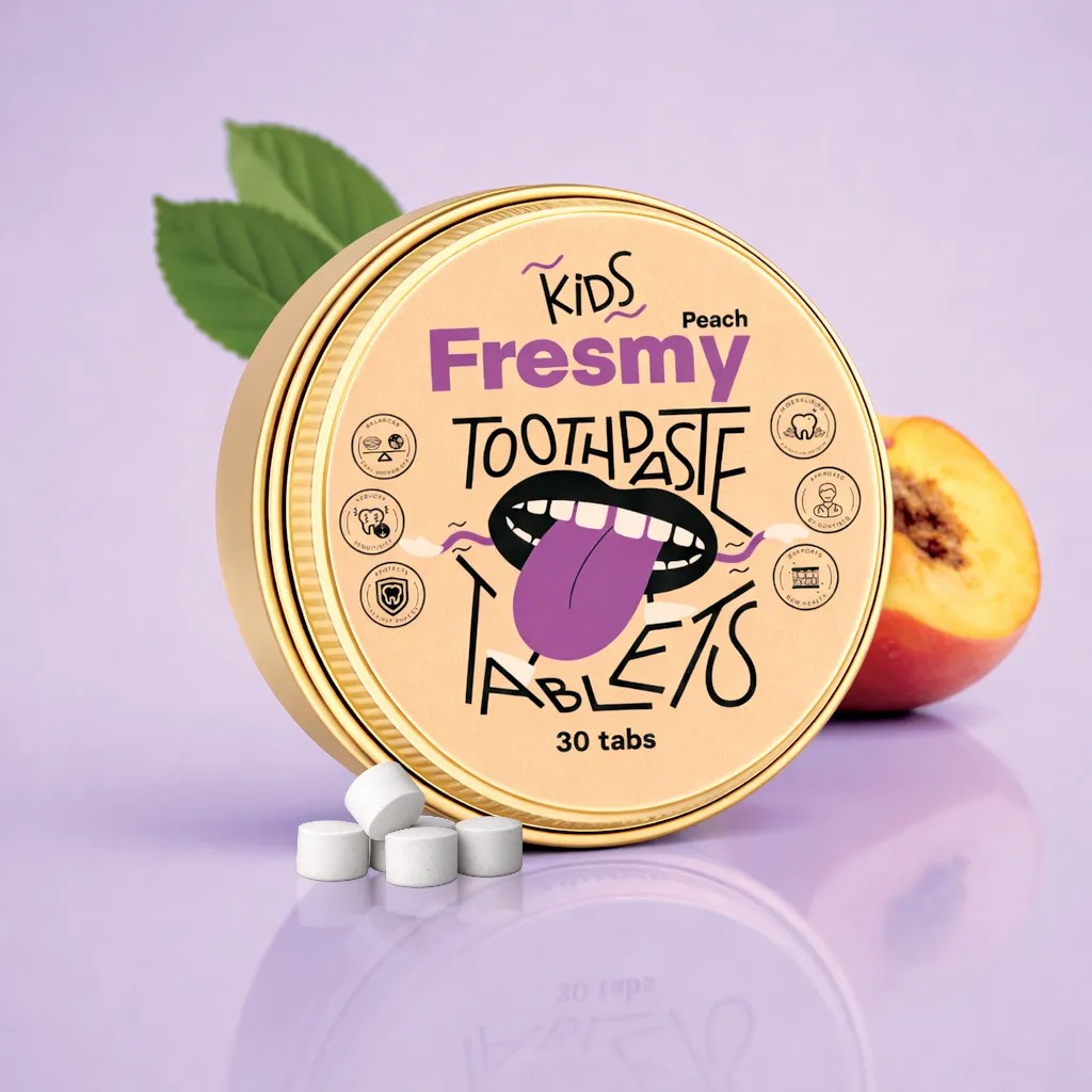 Fresmy Kids Peach dětská cestovní zubní pasta v tabletách 30 ks - Fresmy Kids Toothpaste Tablets Peach zlatá plechovka broskev lifestyle fialové pozadí