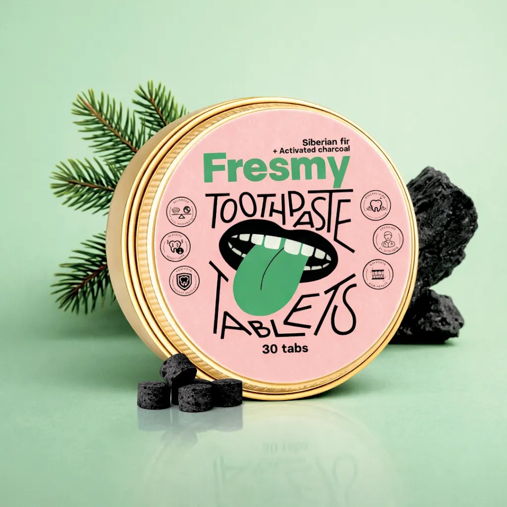 Fresmy Siberian Fir & Activated Charcoal cestovní zubní pasta v tabletách 30 ks - Fresmy Toothpaste Tablets Siberian Fir Charcoal zlatá plechovka jedle uhlí lifestyle zelené