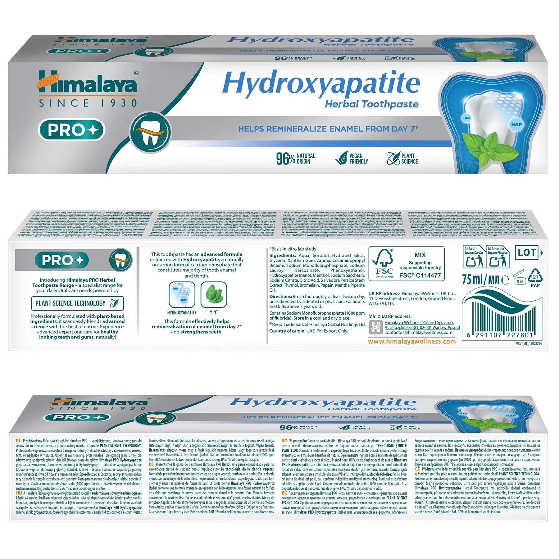 Himalaya Pro Hydroxyapatite zubní pasta 75 ml - Himalaya Hydroxyapatite zubní pasta krabička přední a zadní strana
