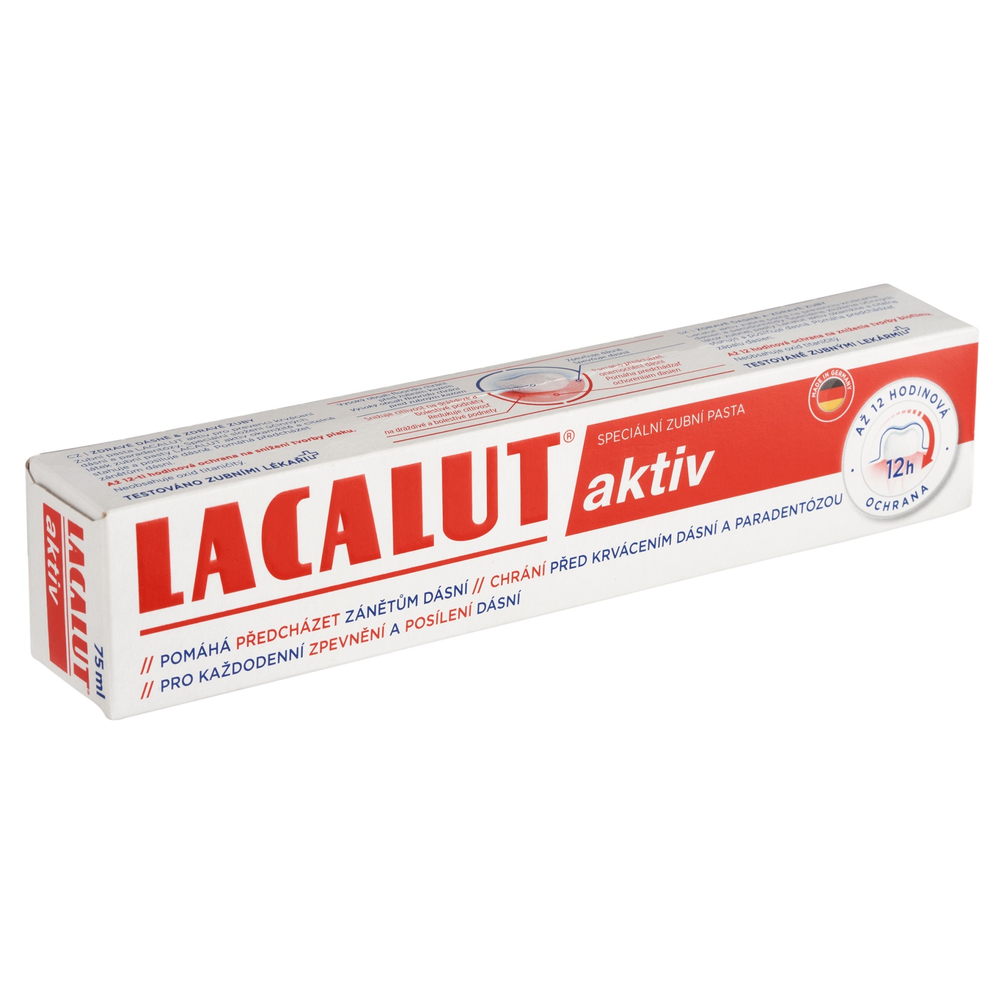 Lacalut Aktiv zubní pasta 75 ml - Lacalut Aktiv zubní pasta krabička šikmý pohled
