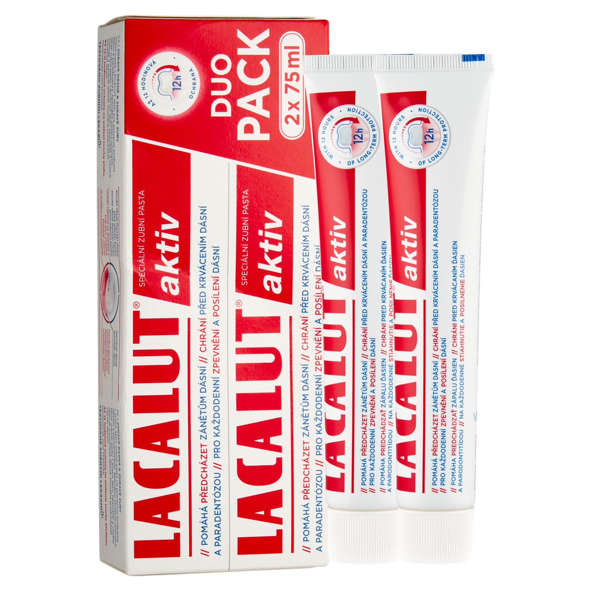 Lacalut Aktiv zubní pasta 2x75 ml - Lacalut Aktiv Duo Pack krabička a tuba pohled z boku 2x75 ml