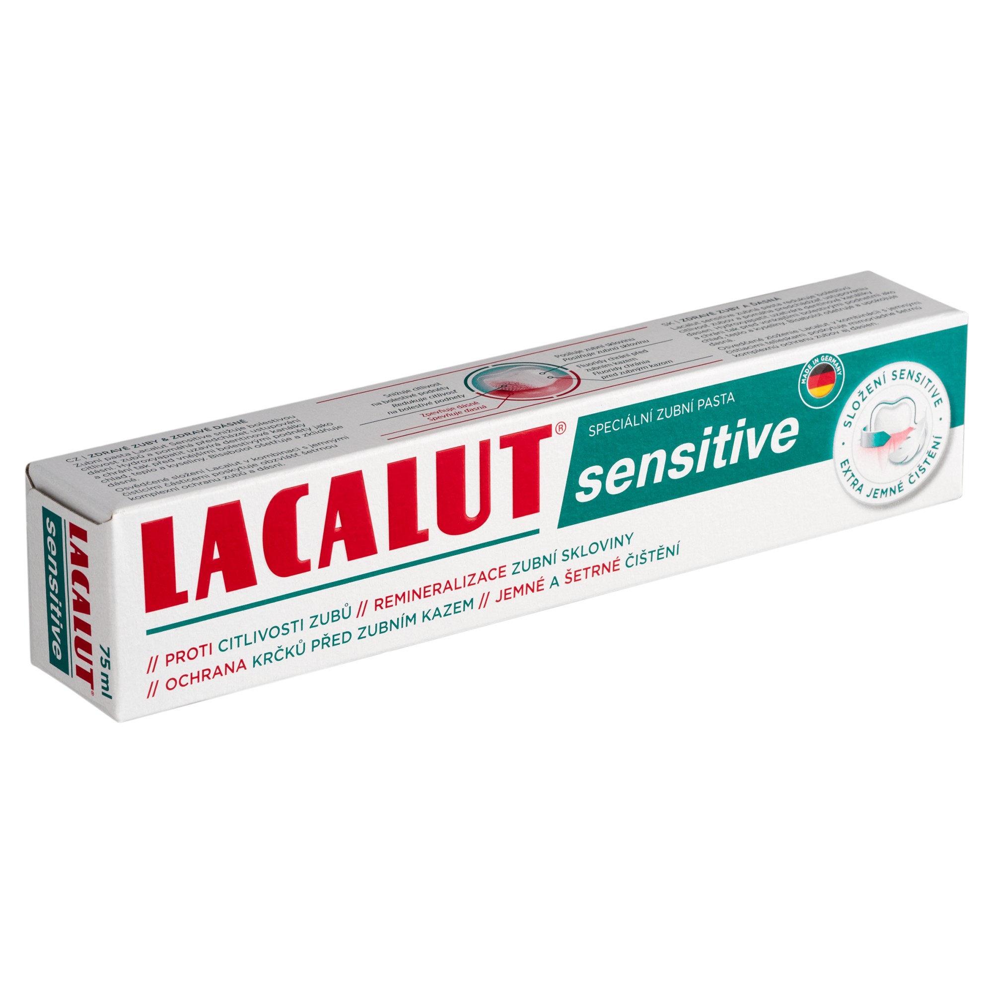Lacalut Sensitive zubní pasta 75 ml - Lacalut Sensitive zubní pasta krabička šikmý pohled
