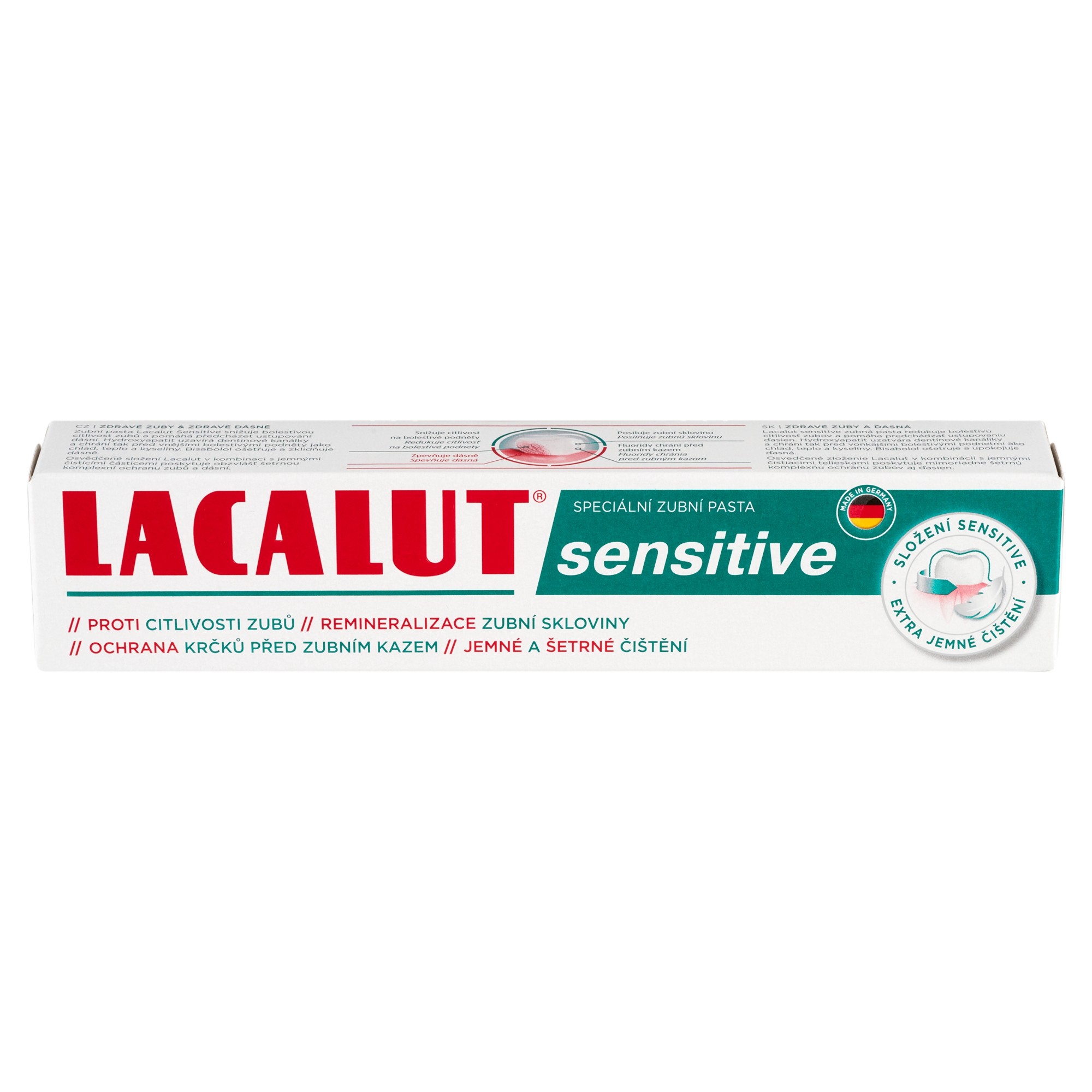 Lacalut Sensitive zubní pasta 75 ml - Lacalut Sensitive zubní pasta krabička pohled z boku