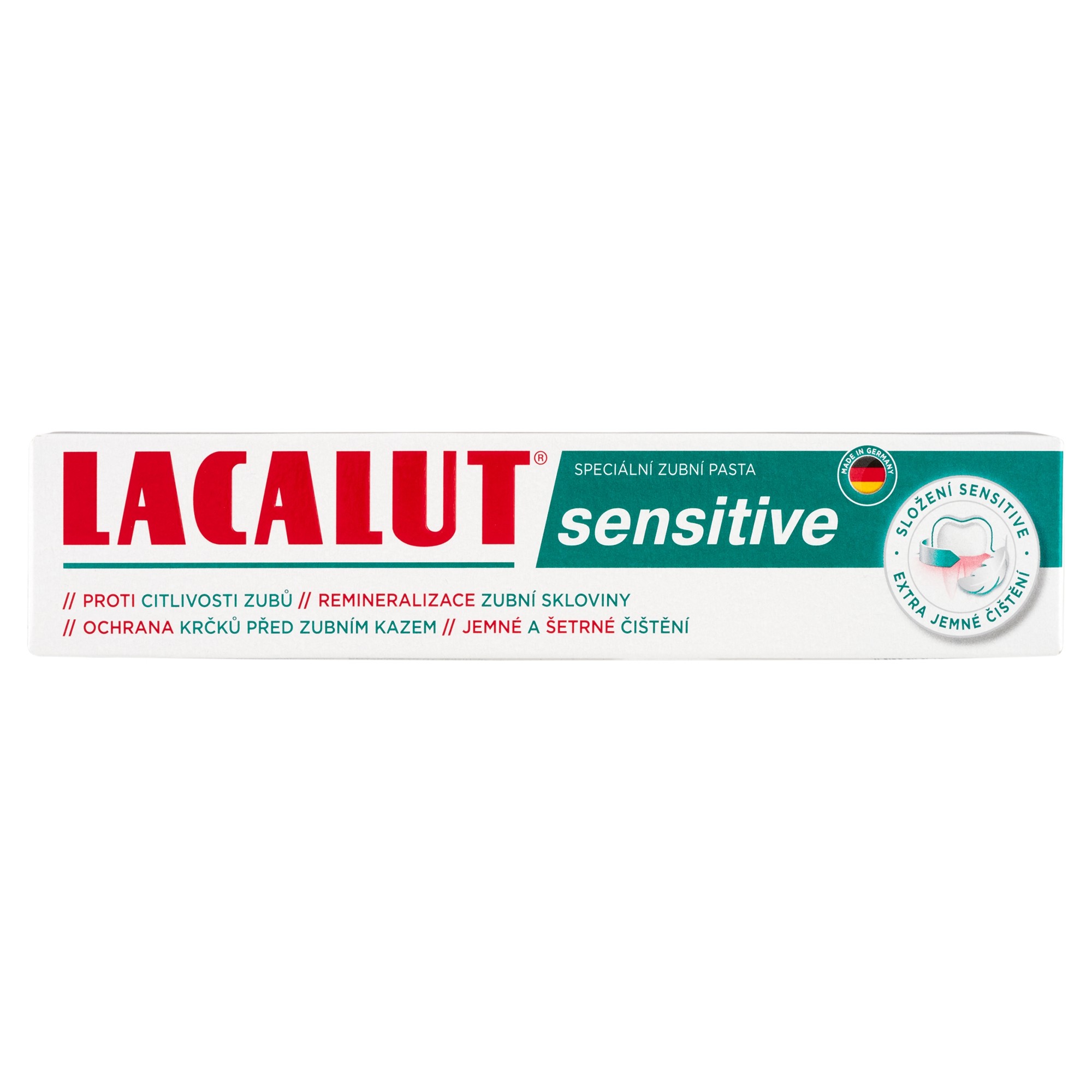 Lacalut Sensitive zubní pasta 75 ml - Lacalut Sensitive zubní pasta krabička čelní pohled