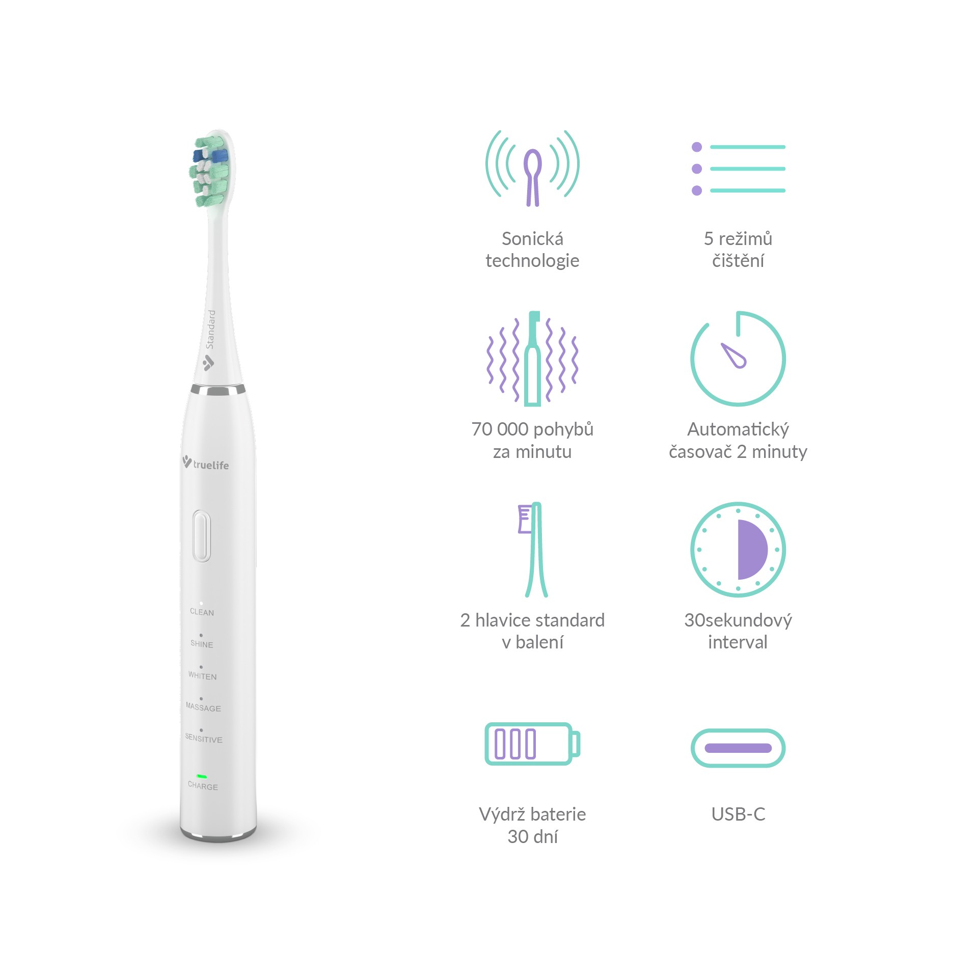TrueLife SonicBrush Clean30 White sonický kartáček - ROZBALENÉ ZBOŽÍ