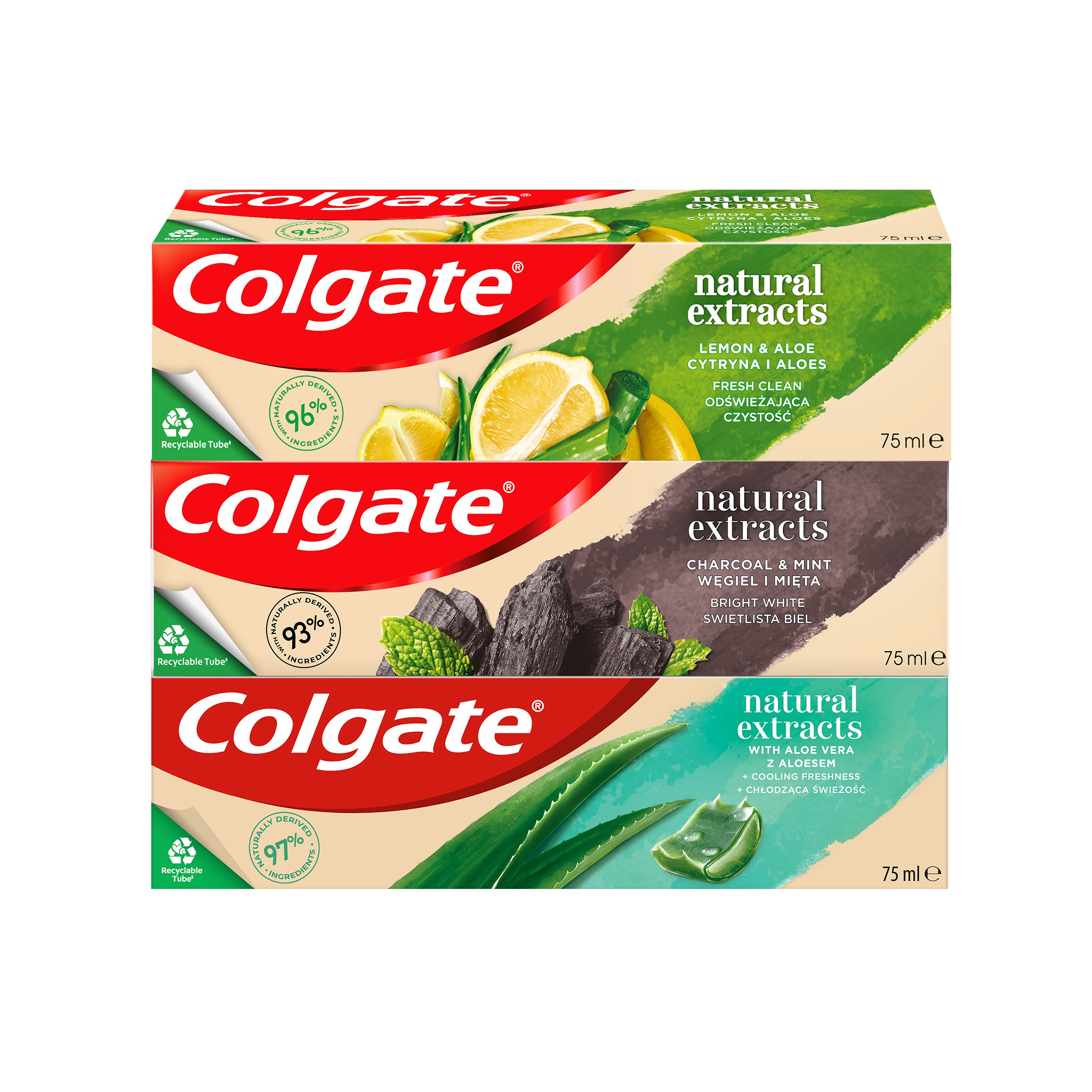 Fotografie Colgate Natural Extracts Aloe Vera, Charcoal & Mint, Lemon & Aloe zubní pasta 3 x 75 ml